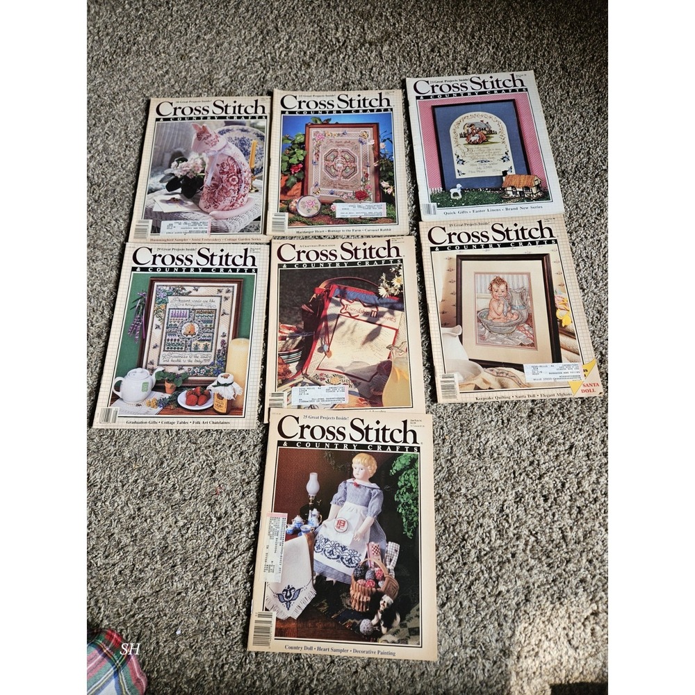 Lot of 7 Cross Stitch & Country Crafts Magazines 1986-1991 Vintage Patterns